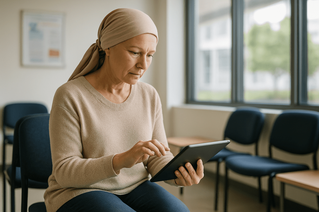 Woman checking herbal chemo interaction checker on tablet in clinic