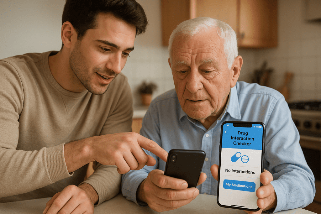 Caregiver helping older adult use easy drug checker app
