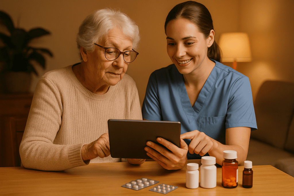 Caregiver and senior checking prescription update notification on tablet