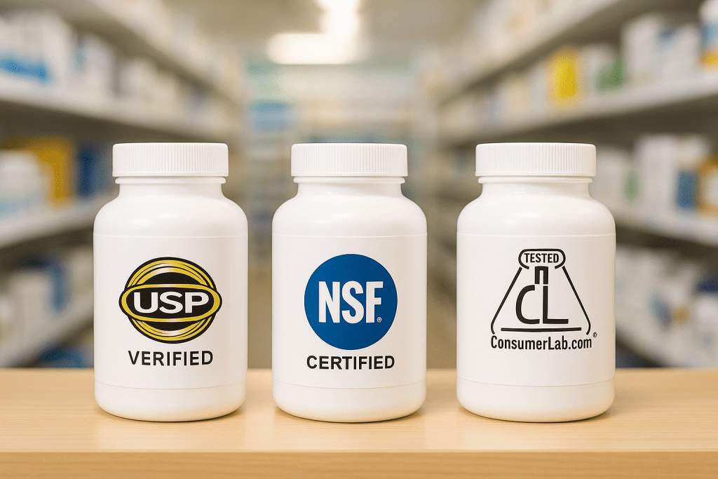 Certified multivitamins with USP, NSF labels on pharmacy shelf