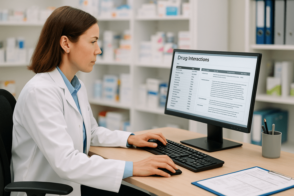 Pharmacist reviewing supplement-drug interaction tool on screen