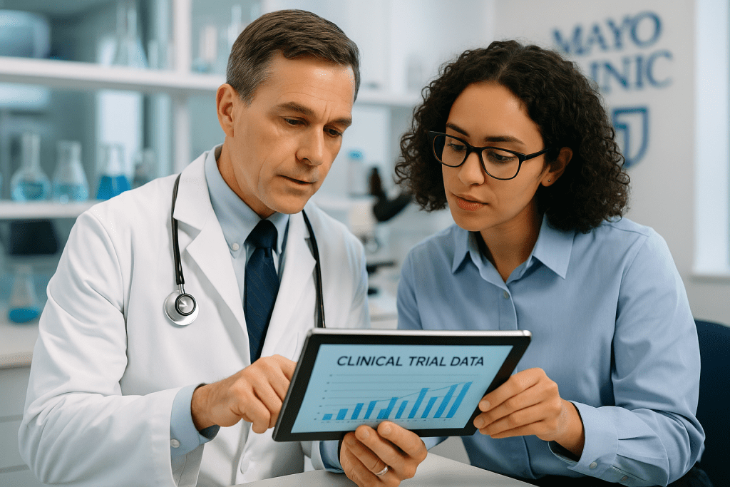Mayo Clinic researchers reviewing clinical supplement trial results