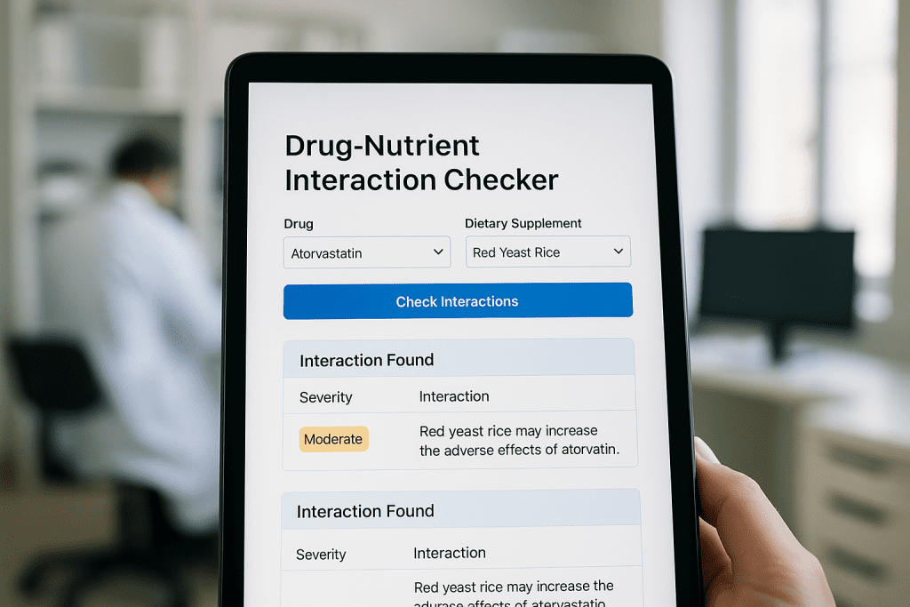 Tablet with Pure Encapsulations interaction checker tool in a clinic setting