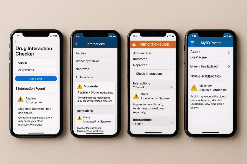 Four phones showing different quick drug-supplement interaction checkers