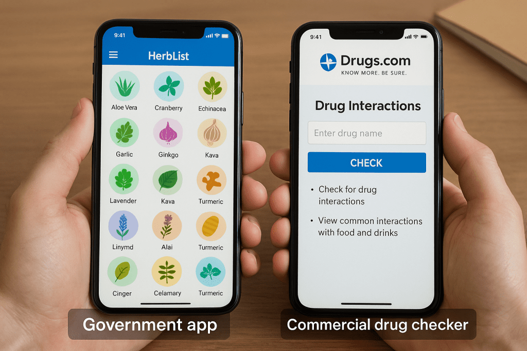 NIH and commercial drug checker apps side by side on table