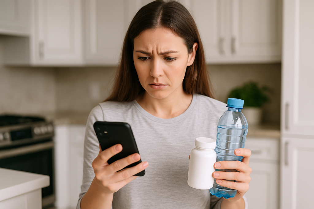 Woman checking health app for water and supplement conflict