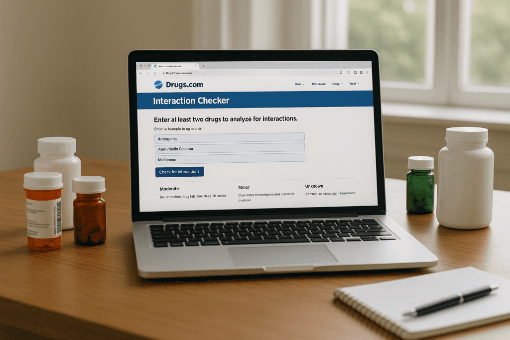Open laptop showing drug interaction checker tool with medications nearby