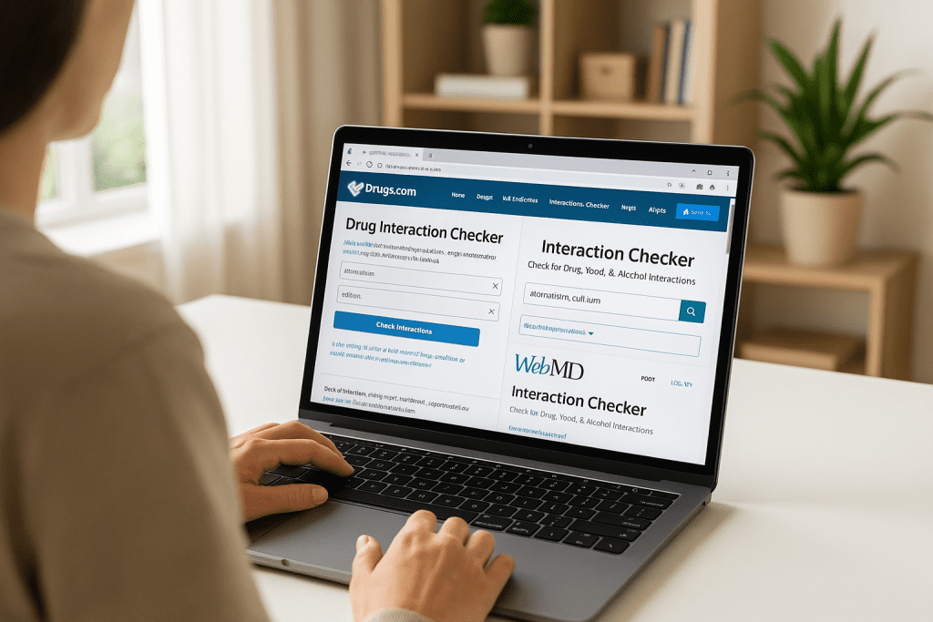 User checking drug-supplement interactions manually on a laptop