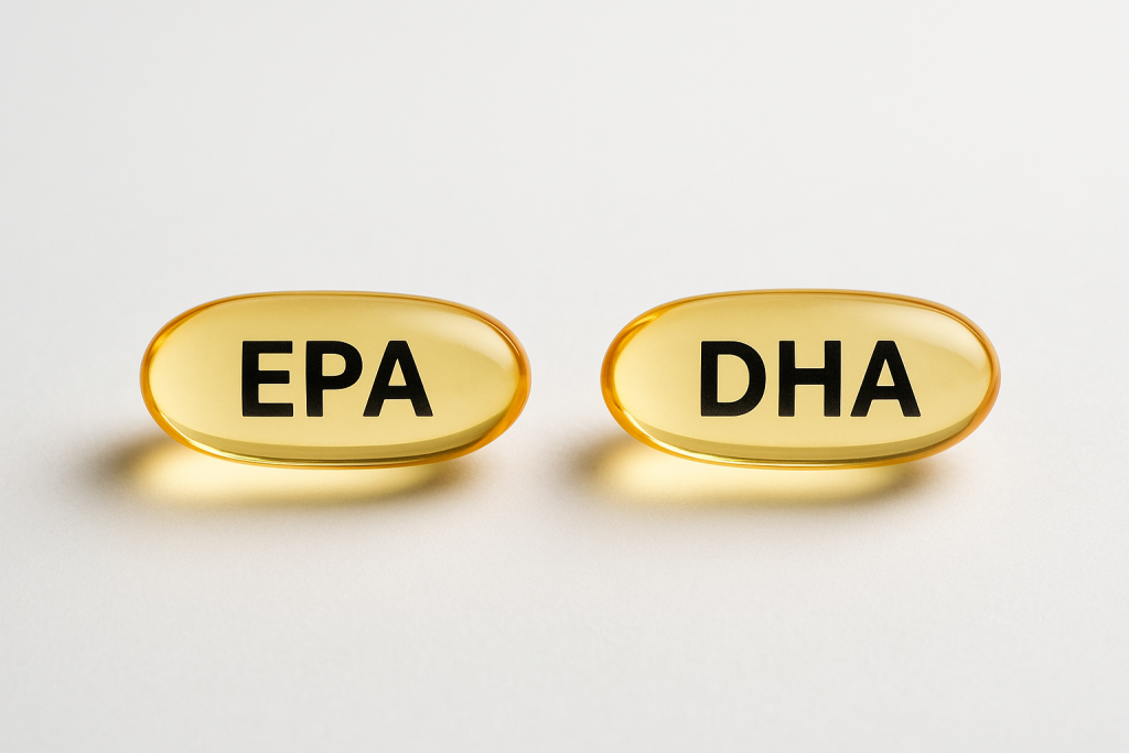 Fish oil capsules labeled EPA and DHA for omega 3 benefits comparison