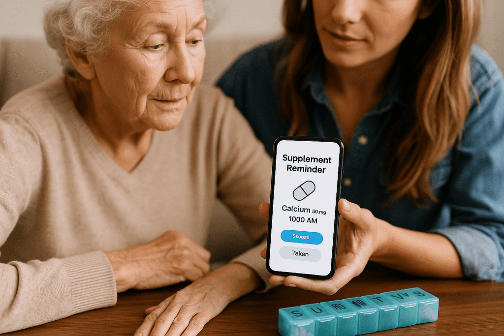Elderly person using shared health profile app with caregiver support