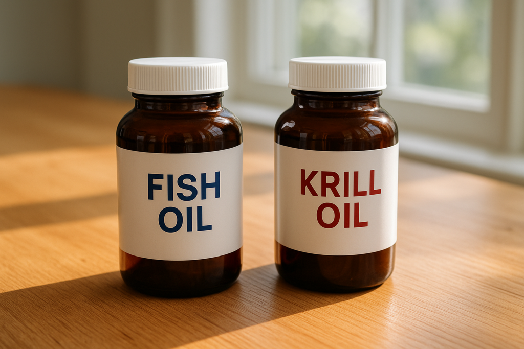 Fish oil and krill oil bottles on table showing supplement source difference