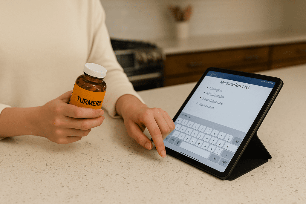 User entering meds into supplement drug checker with turmeric in hand