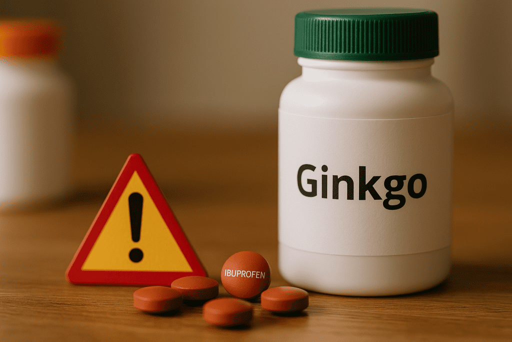 Ginkgo supplement and ibuprofen with warning label for drug interaction