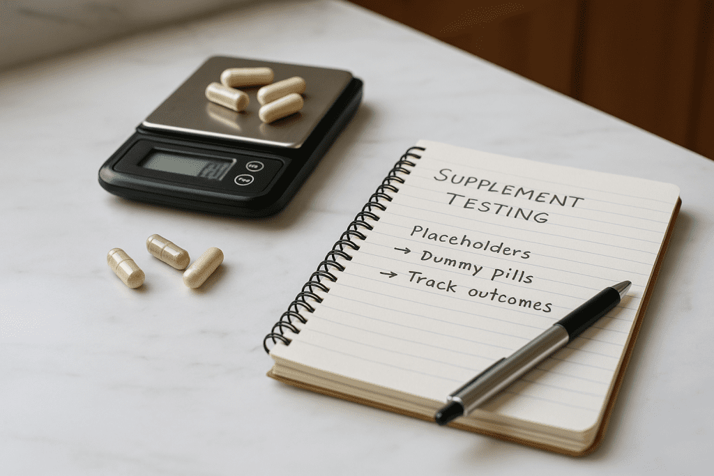 Capsule preparation and notes for blinded supplement trial on kitchen counter