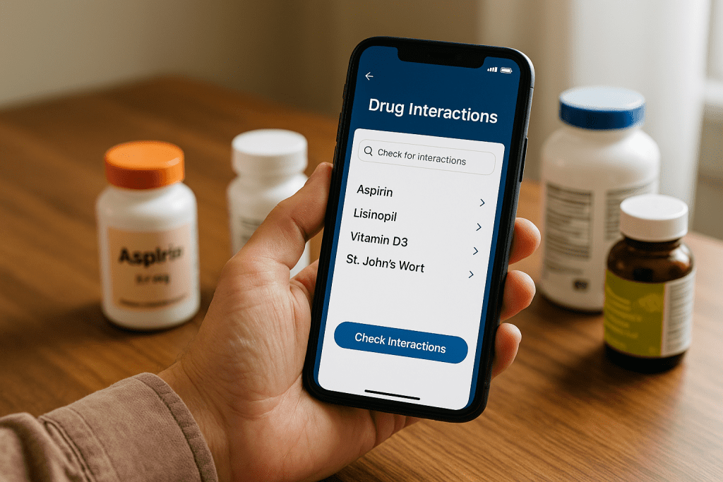 Smartphone showing quick interaction checker with OTC meds and vitamins