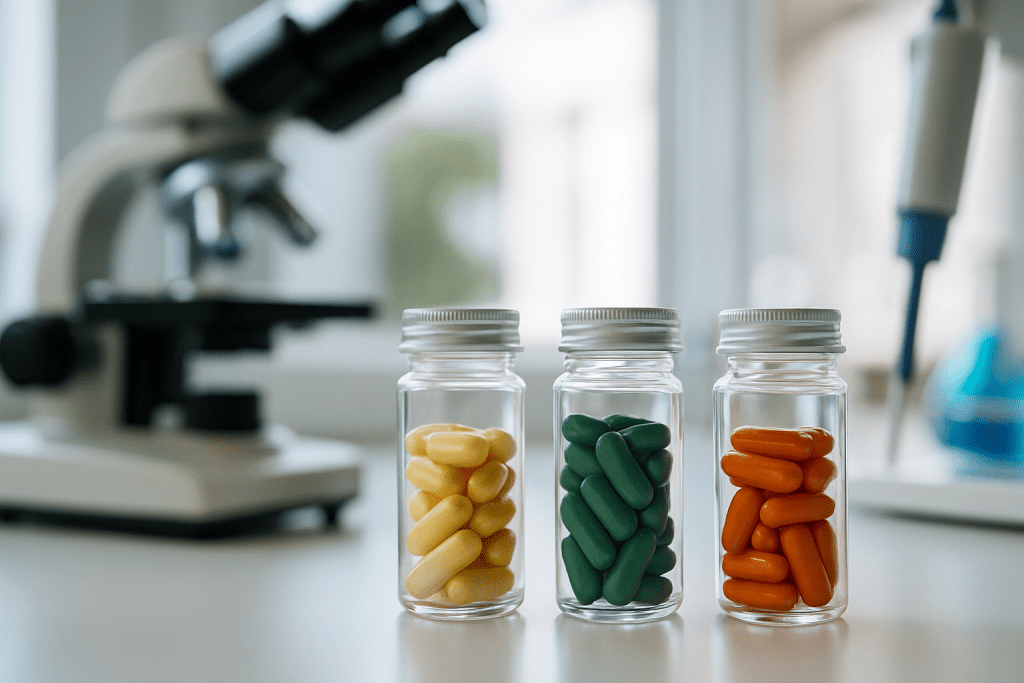 Capsules next to lab vials showing purity testing supplement app data