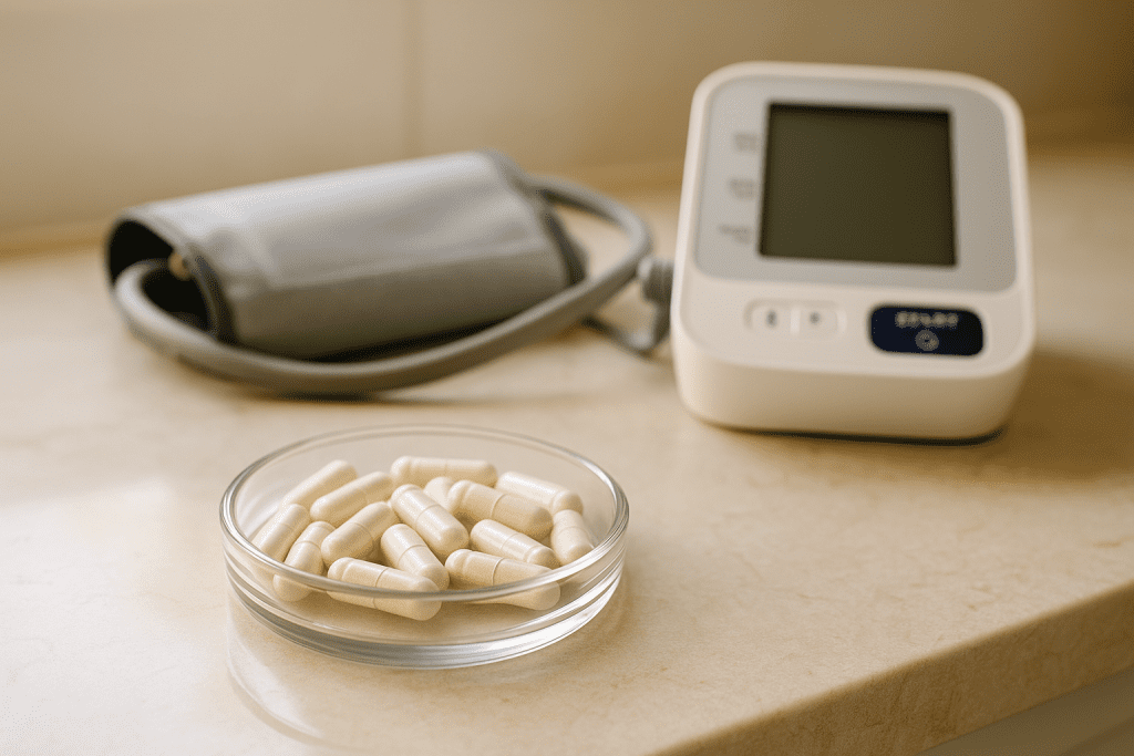 Capsules of magnesium glycinate and blood pressure monitor on a clean counter