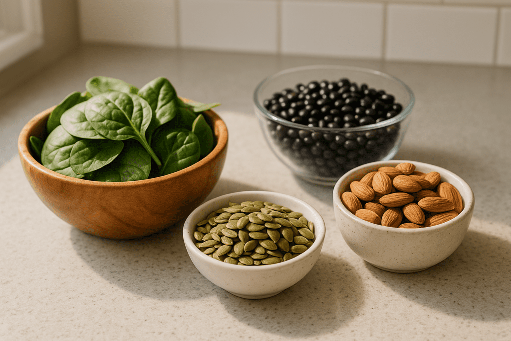 Spinach, seeds, nuts, and beans as magnesium-rich foods on kitchen counter