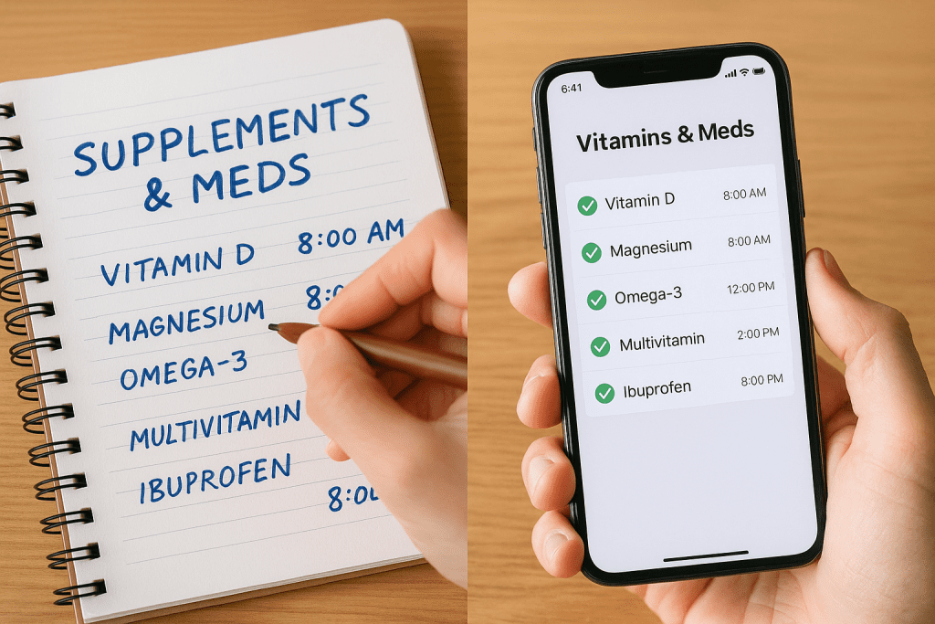 Side-by-side of manual supplement tracking vs. nutrition app