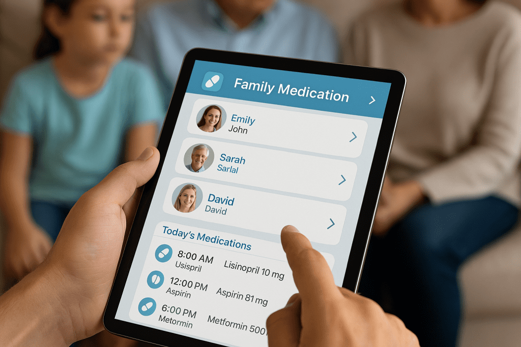 Family medication tracking app dashboard with shared profiles
