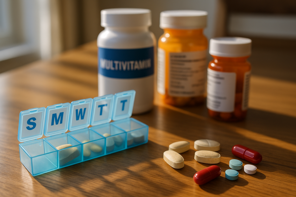 Pill organizer with separated vitamins and medications for safe timing