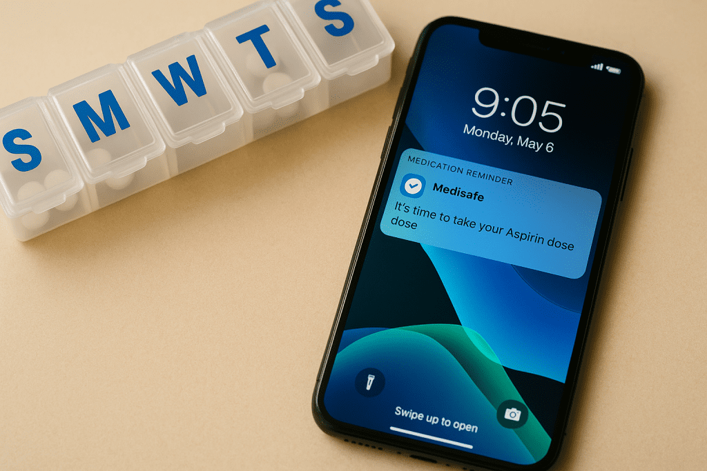 Medisafe app notification reminding senior to take medicine