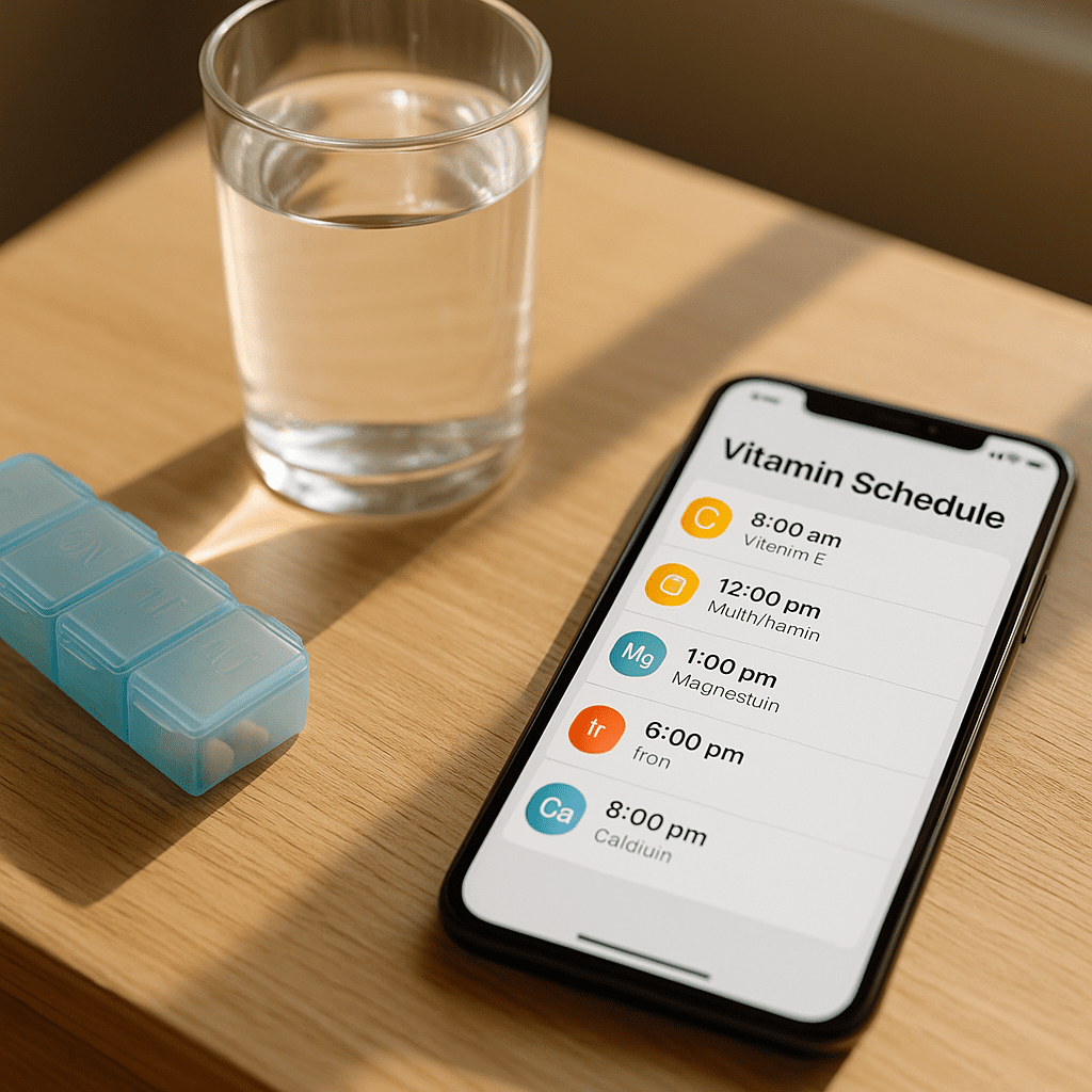 Personalized vitamin app planner with pill organizer on desk