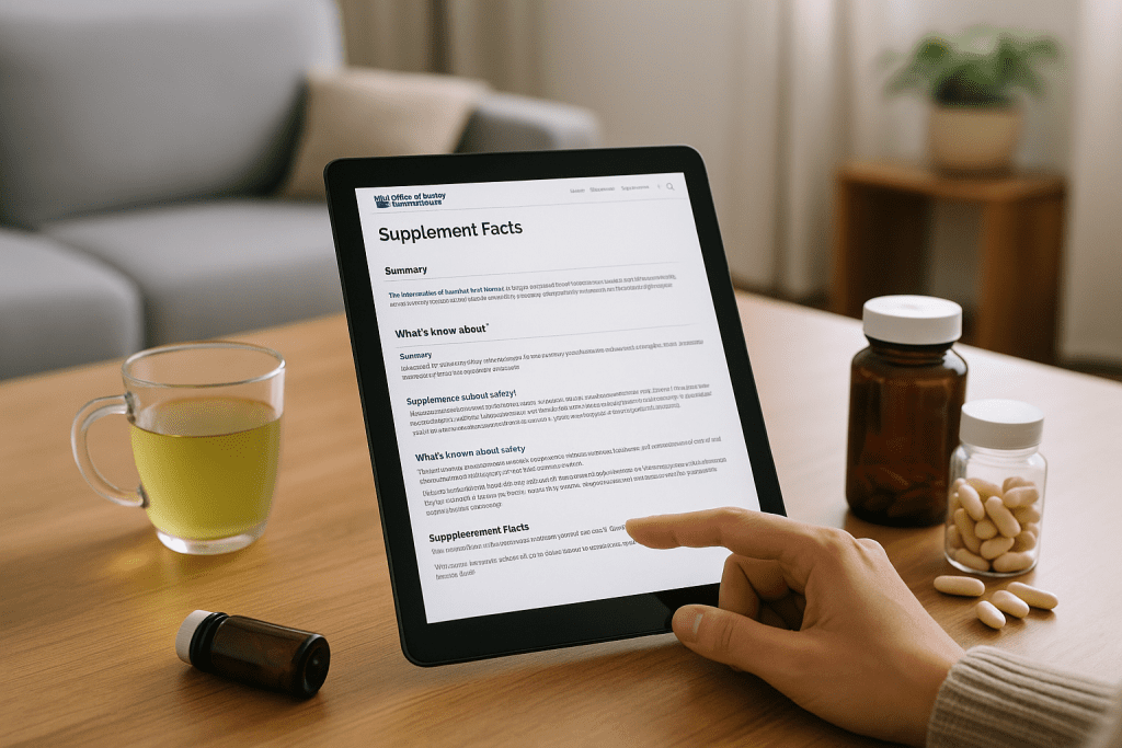 Person reviewing NIH supplement fact sheet with capsules on table