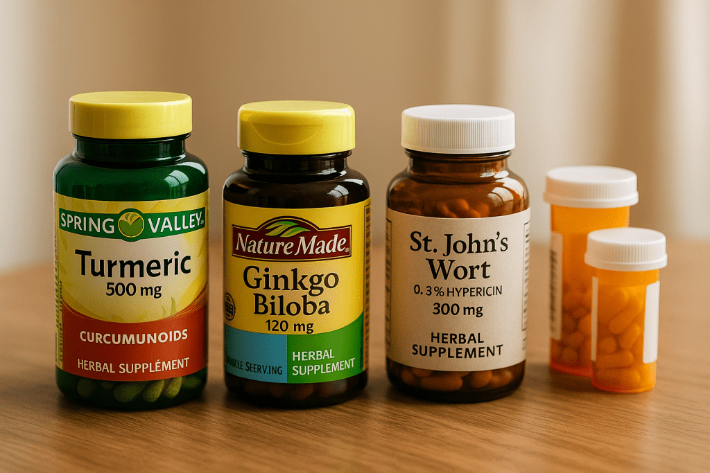 Herbal and prescription supplements side by side on table