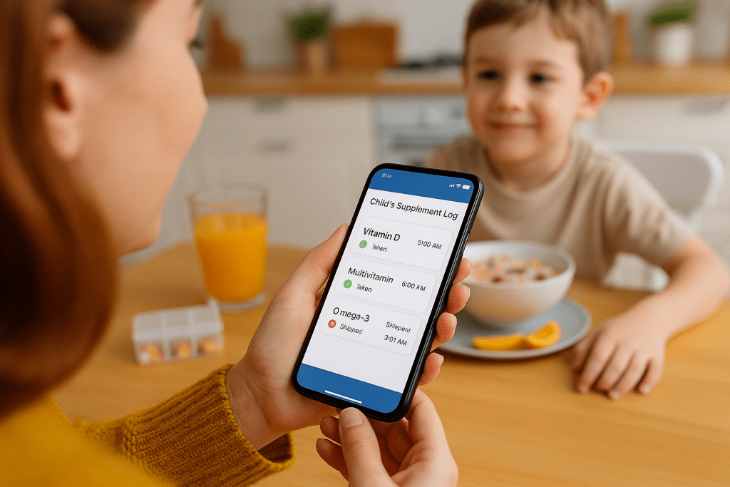 Parent using group supplement manager app to review child’s meds