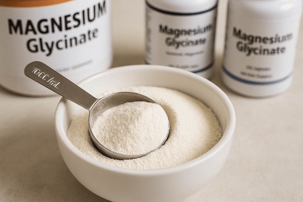Powdered magnesium glycinate with scoop and supplement containers
