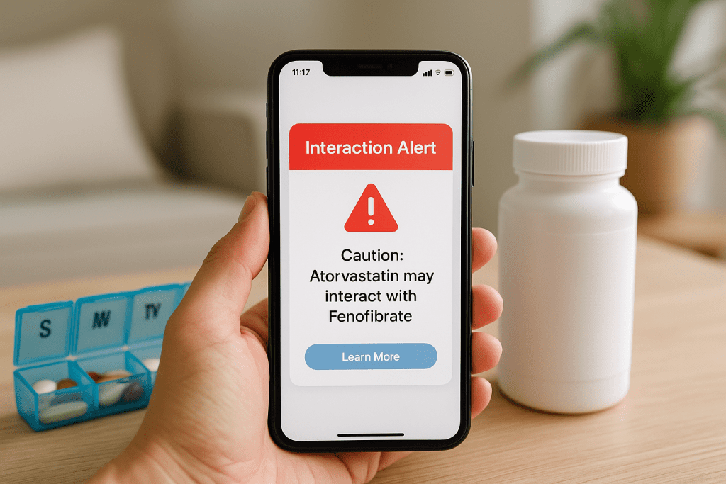 Smartphone showing real time interaction alerts with medication