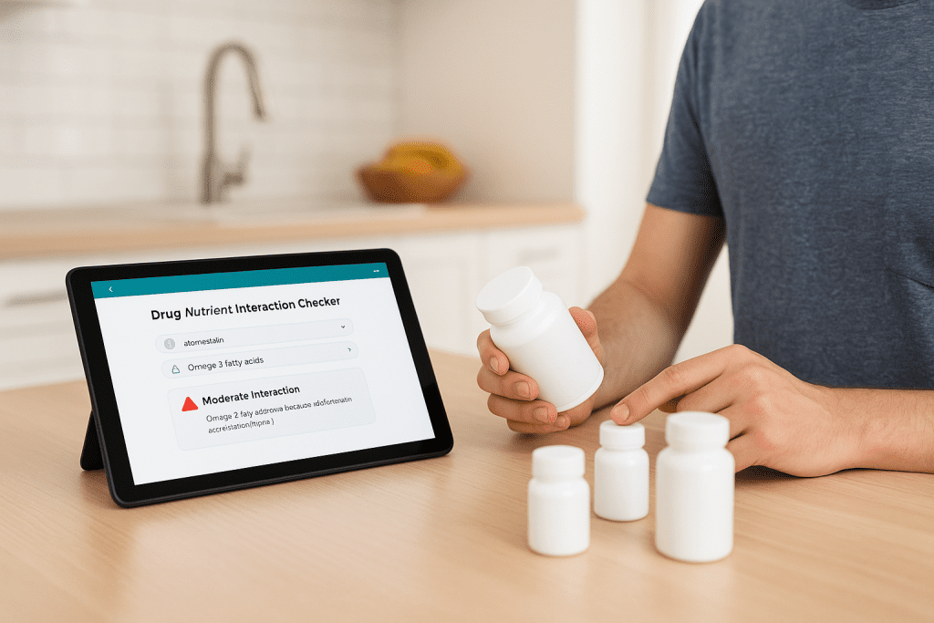 Person using app to plan safe supplement intake on tablet in kitchen