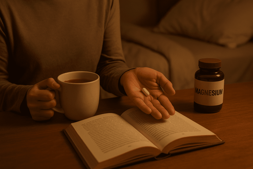 Person preparing for bed with magnesium supplement and calming routine