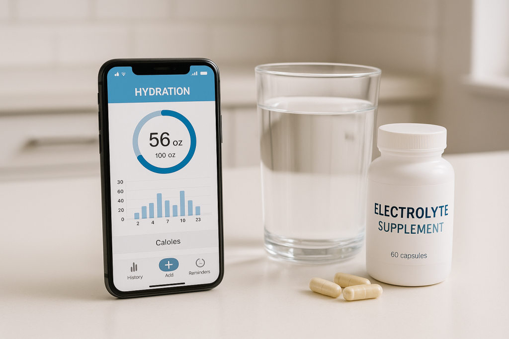 Smartphone hydration app and electrolyte pills on kitchen table