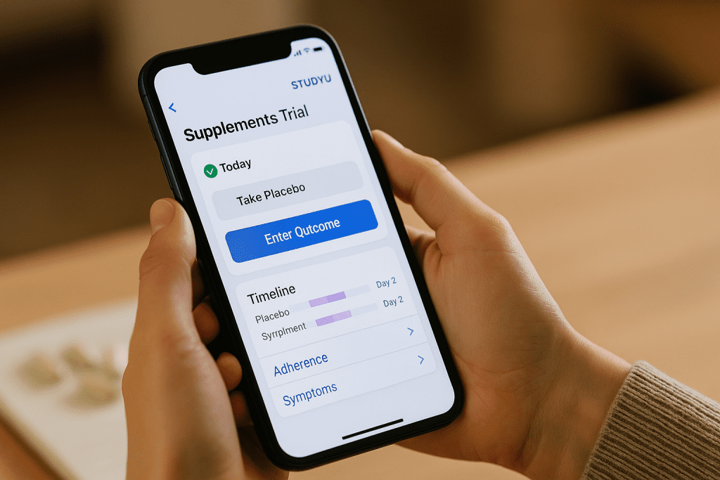 Person using StudyU app to run blinded supplement trial