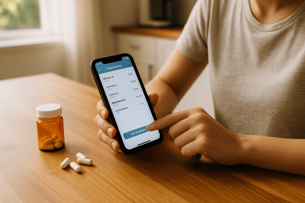 Person using app to log supplements with MyNetDiary