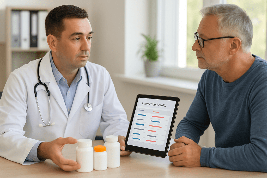 Doctor and patient discussing supplement interactions using tablet