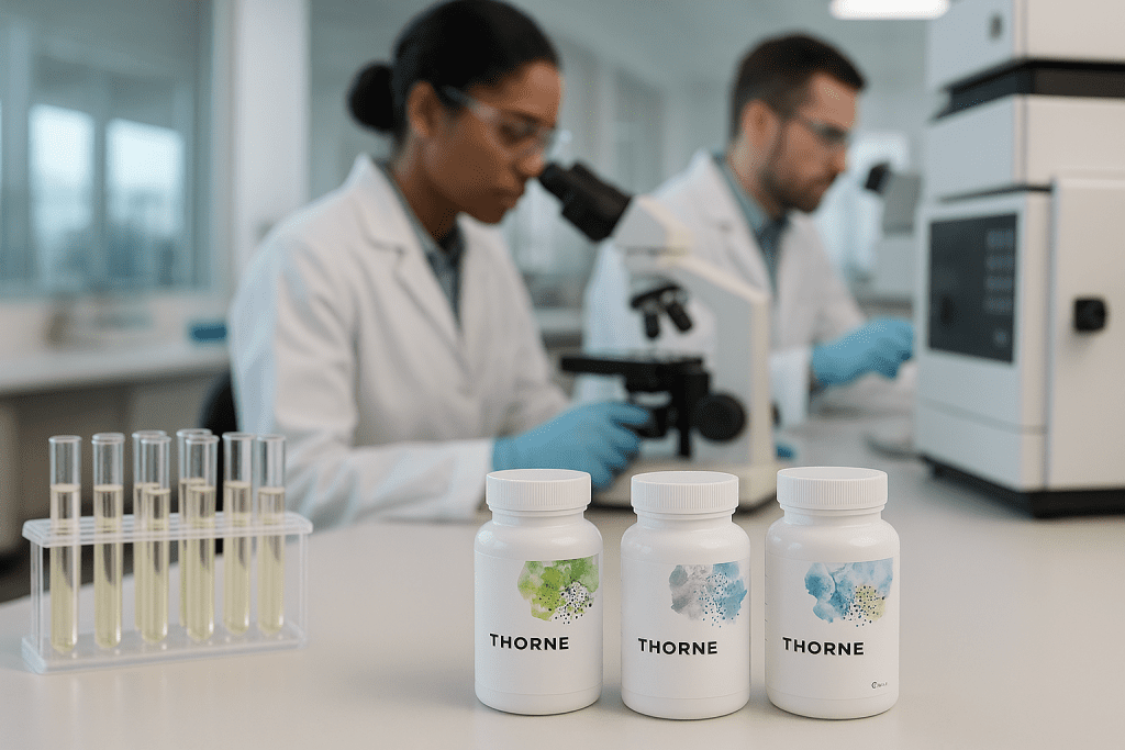 Thorne Labs supplement testing with lab equipment and labeled bottles