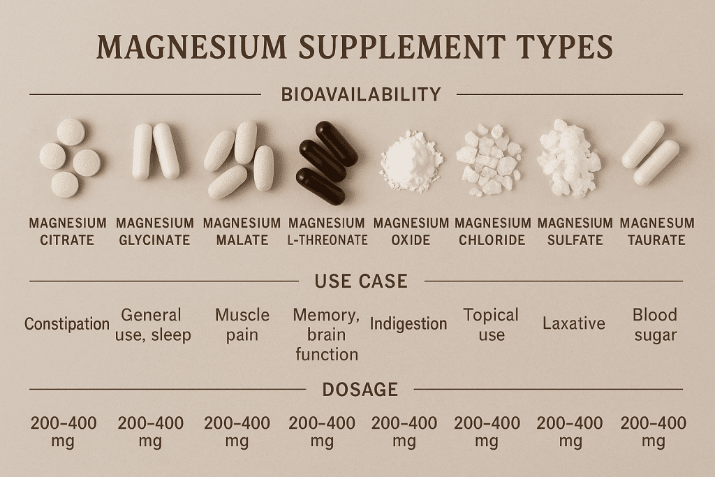 Chart showing types of magnesium supplements with benefits and bioavailability
