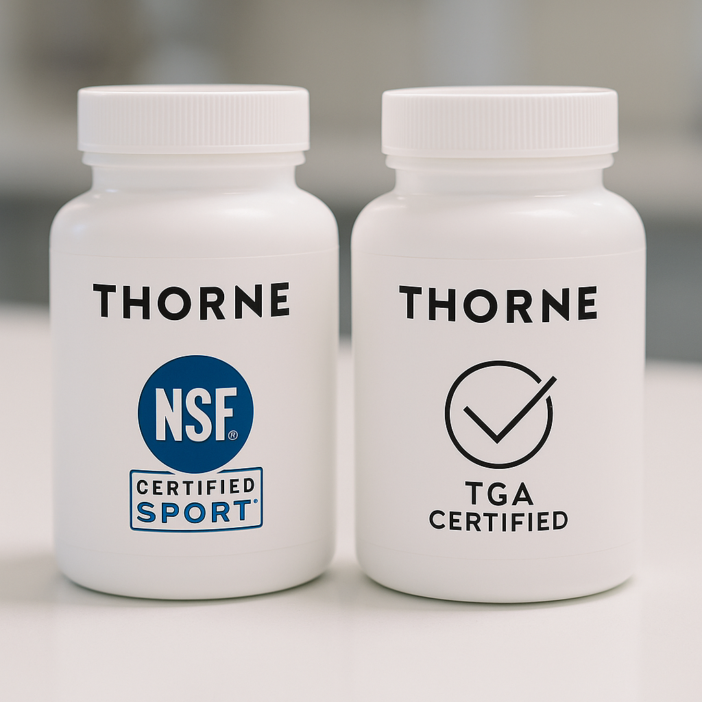 Thorne supplement bottles with NSF and TGA certifications