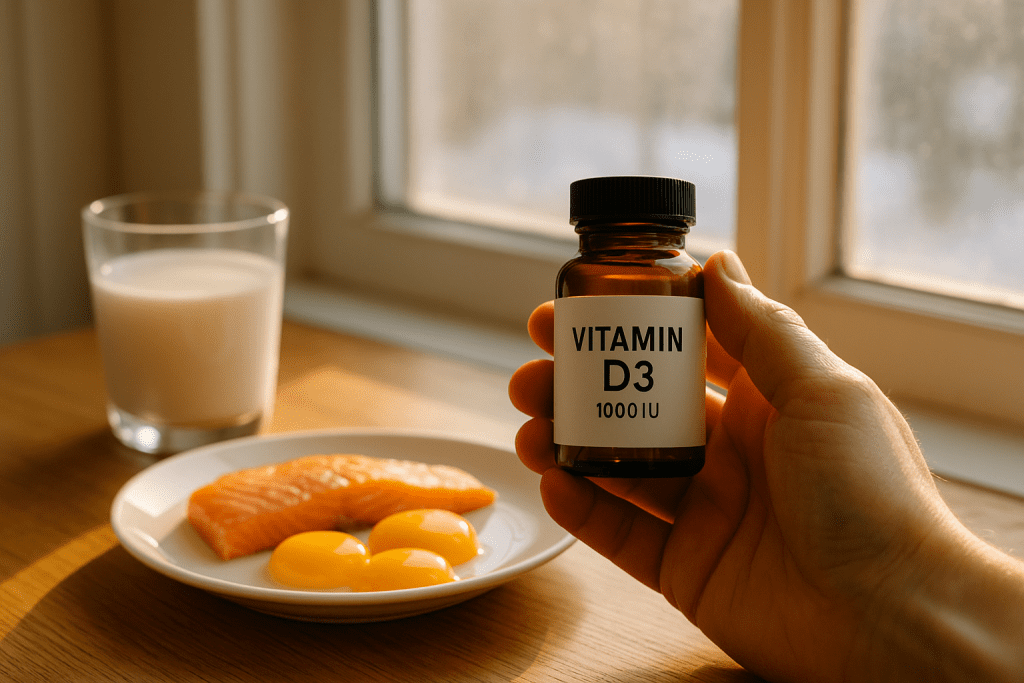 Vitamin D3 bottle with food sources near sunlit window