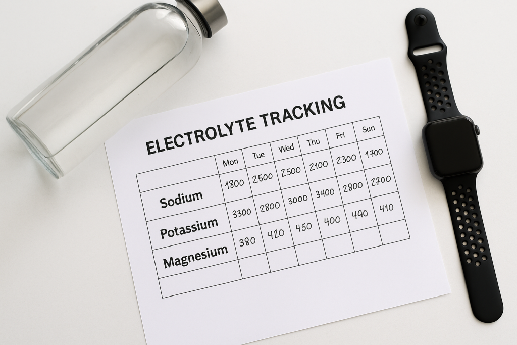 Electrolyte tracking chart with water bottle and smartwatch