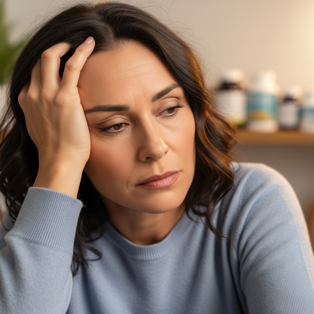 Tired woman showing signs of B vitamin deficiency like fatigue and brain fog