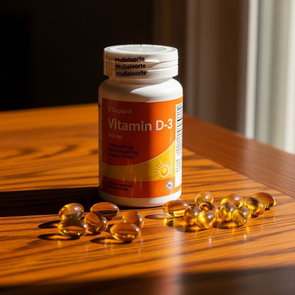 NOW D-3 supplement bottle and capsules on wooden surface