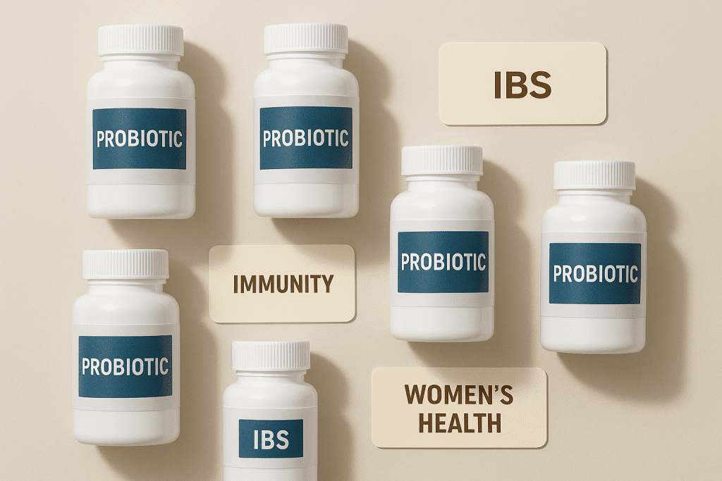 Assorted probiotic brands organized by health focus