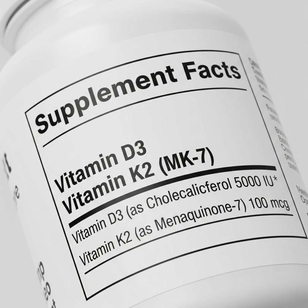 Supplement label showing vitamin D3 and K2 ingredients