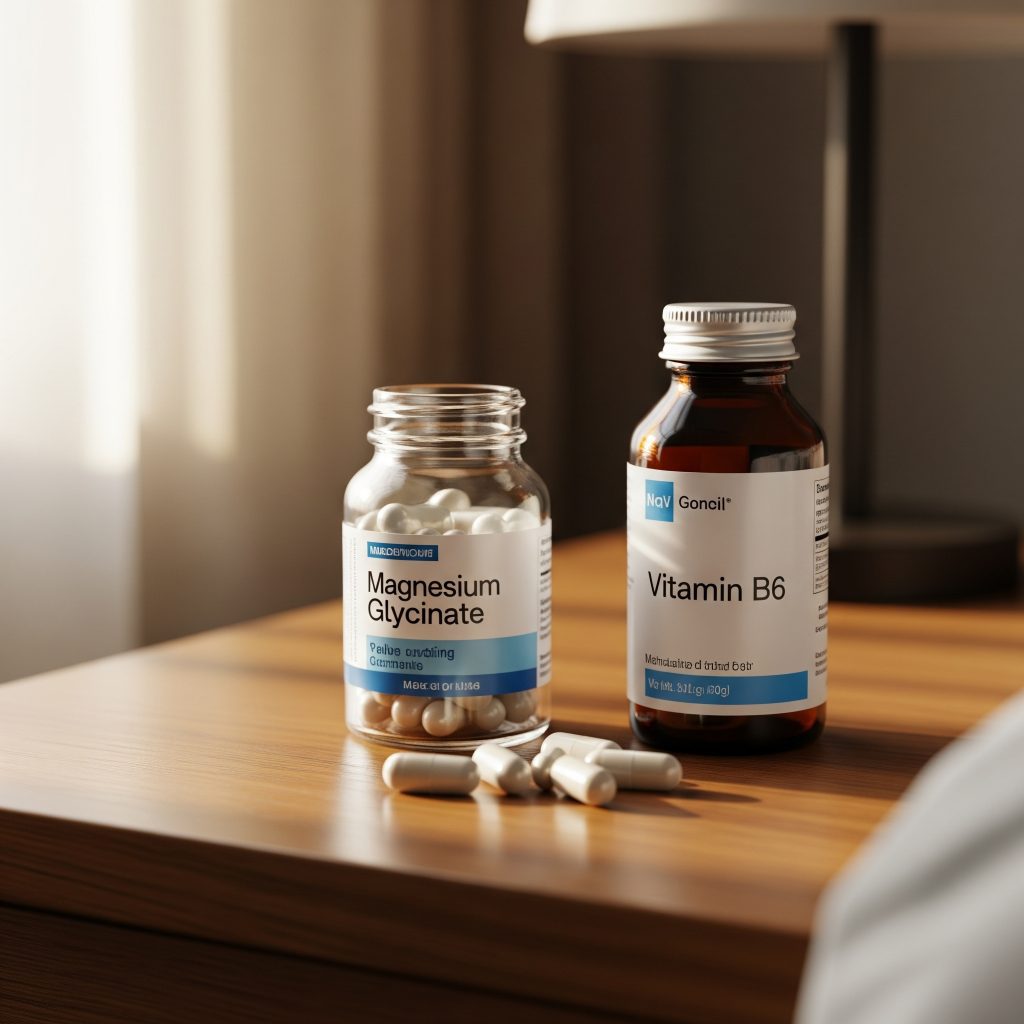 Magnesium and B6 capsules on wooden table for anxiety support
