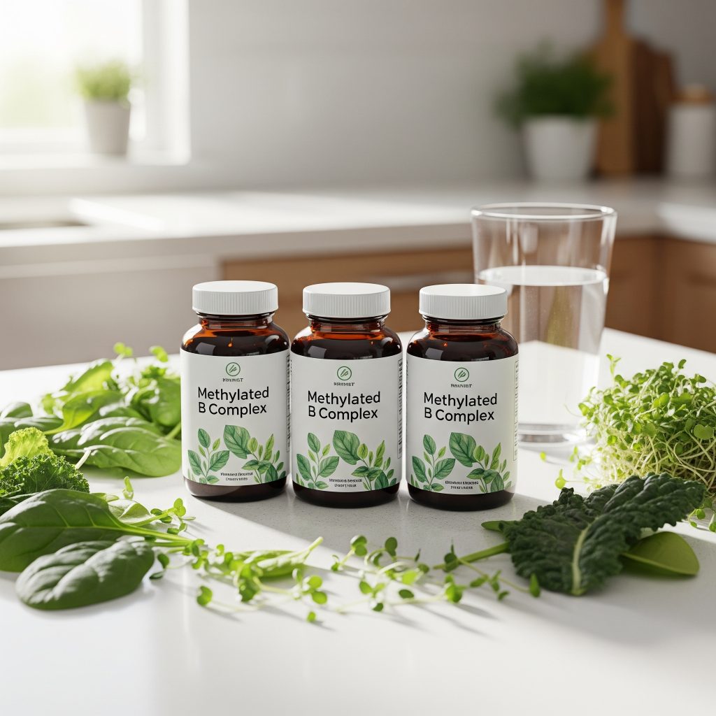 Methylated B complex supplement bottles with leafy greens on kitchen counter