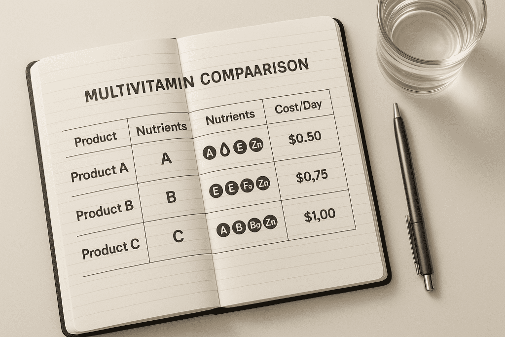 Multivitamin comparison chart showing nutrients and prices